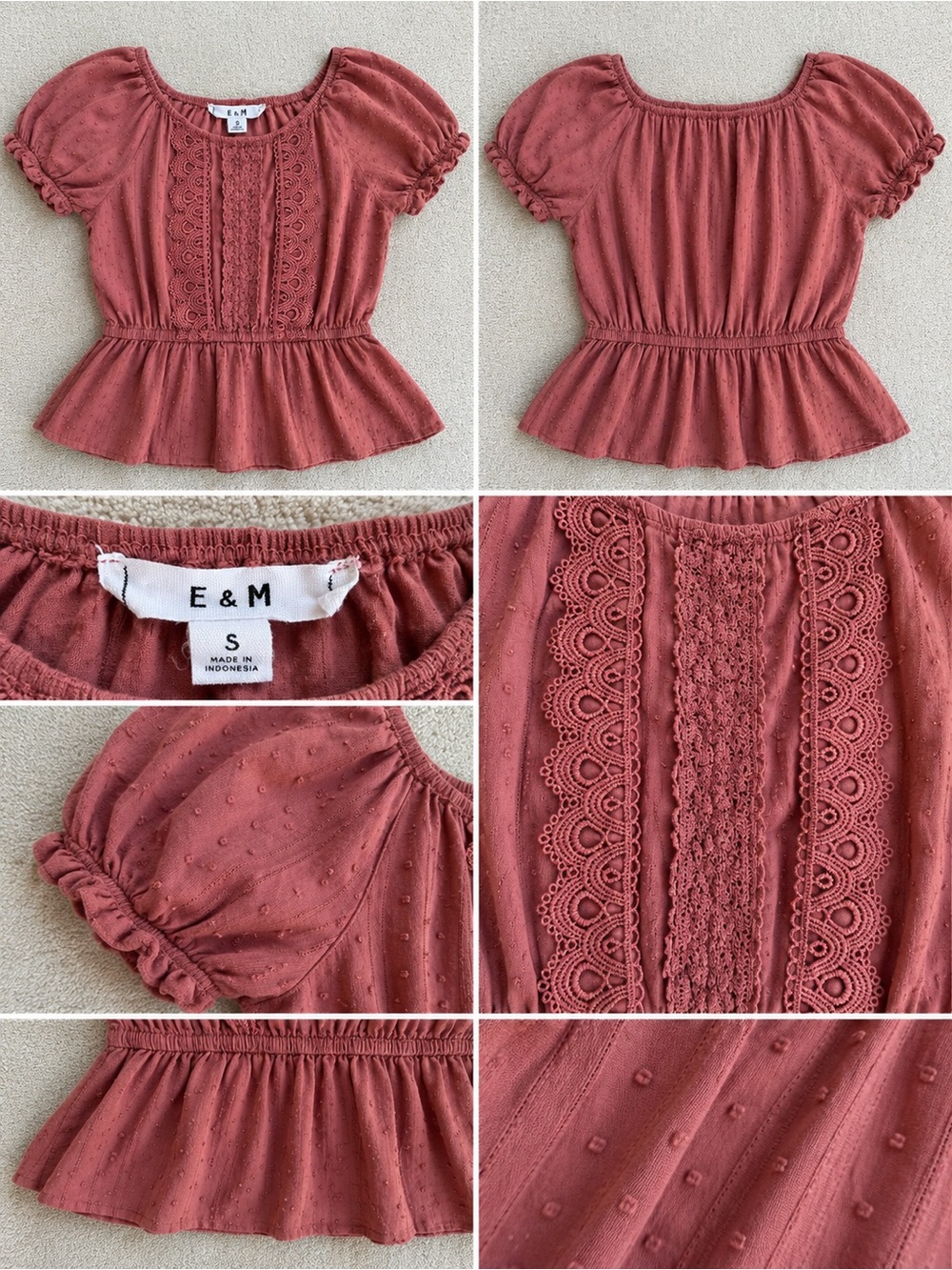 Women’s Lace-Trim Peplum Top - Rust Pink